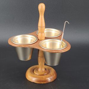 Vintage Wood Condiment Server Caddy Three Cups Spoon Made In Japan